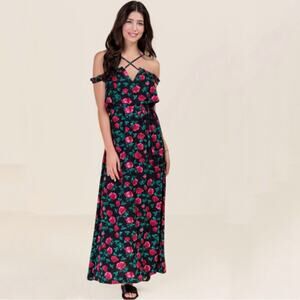 Miami Francesca’s Black Floral Off Shoulder Maxi Dress Sz S
